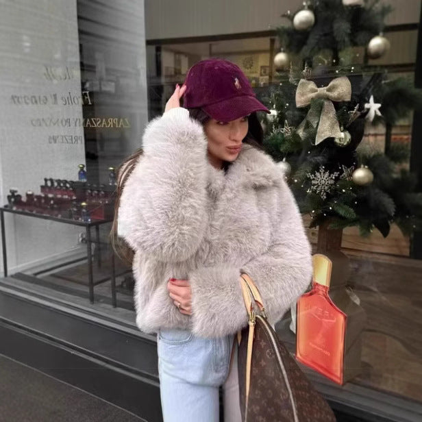 Women's Short-Cut Faux Fur Blouson with Voluminous Shawl Collar and Dense Pile Chichicherry