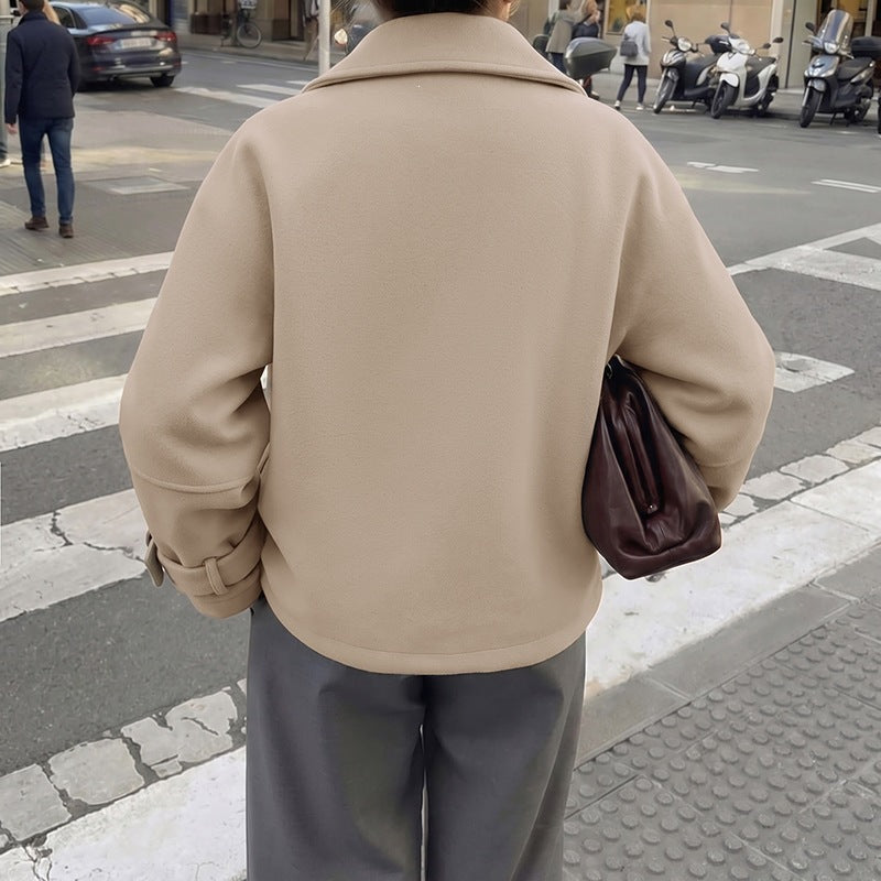 Women Short Cut Wool Blend Boxy Coat with Shirt Collar and Adjustable Cuffs Chichicherry