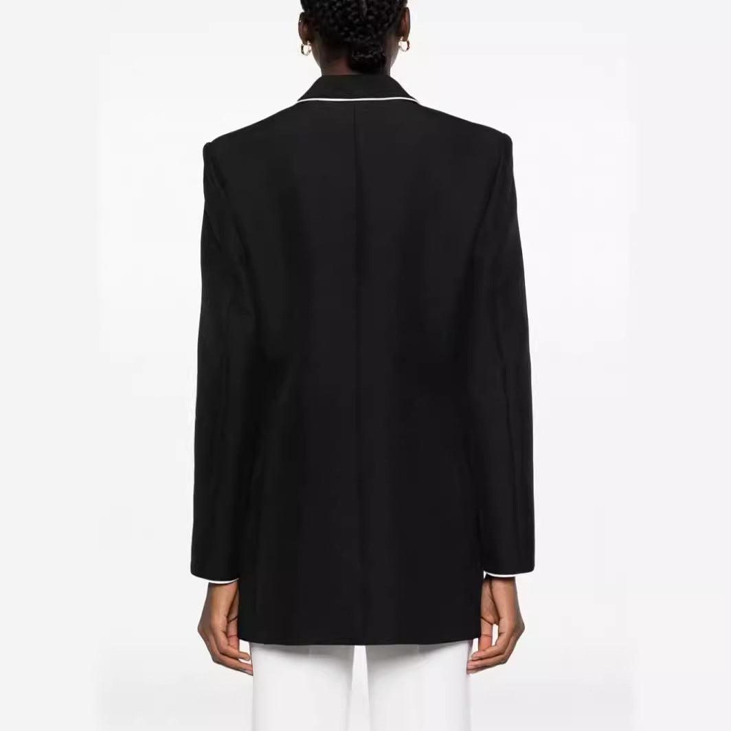 Women Oversize Blazer in Tuxedo Style with Contrasting Piping and Single Button Front Chichicherry