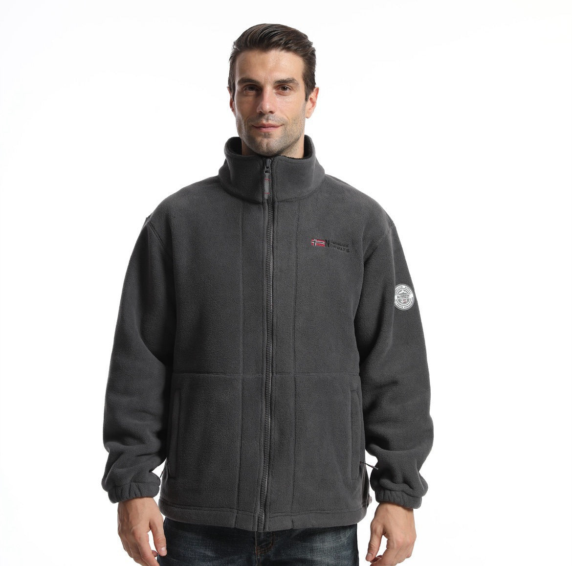 Men's fleece jacket with stand-up collar, full-length zipper, and insert pockets Chichicherry