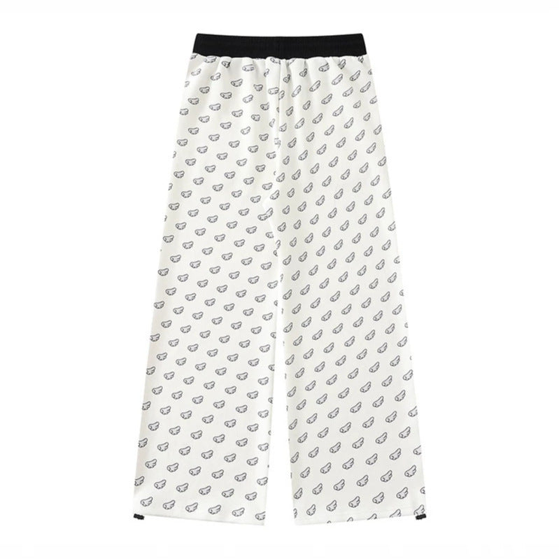 Women's Wide Palazzo Lounge Pants with Elastic Comfort Waistband, Drawstring and Allover Mini Icon Print Chichicherry