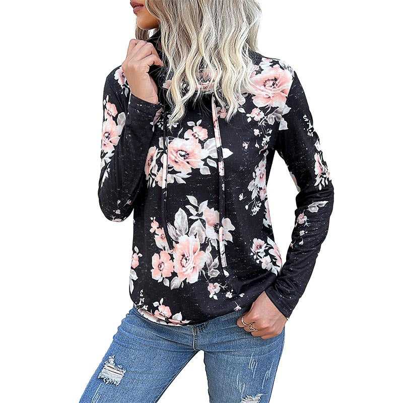 Women's Funnel Neck Sweatshirt with Floral Allover Print and Drawstring Chichicherry