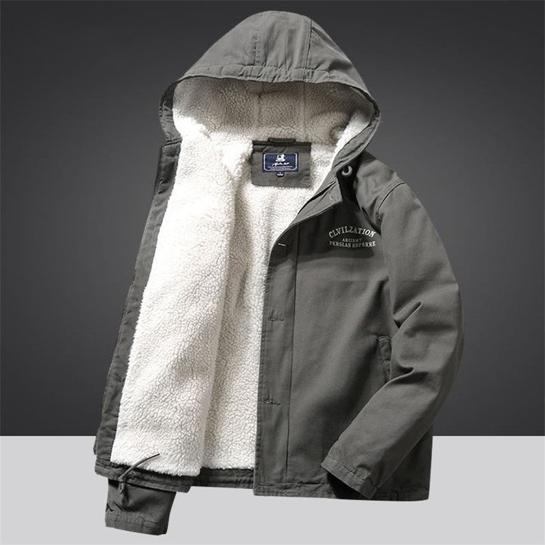 Men's Canvas Hoodie Parka with Continuous Teddy Fleece Lining and Drawstring Chichicherry