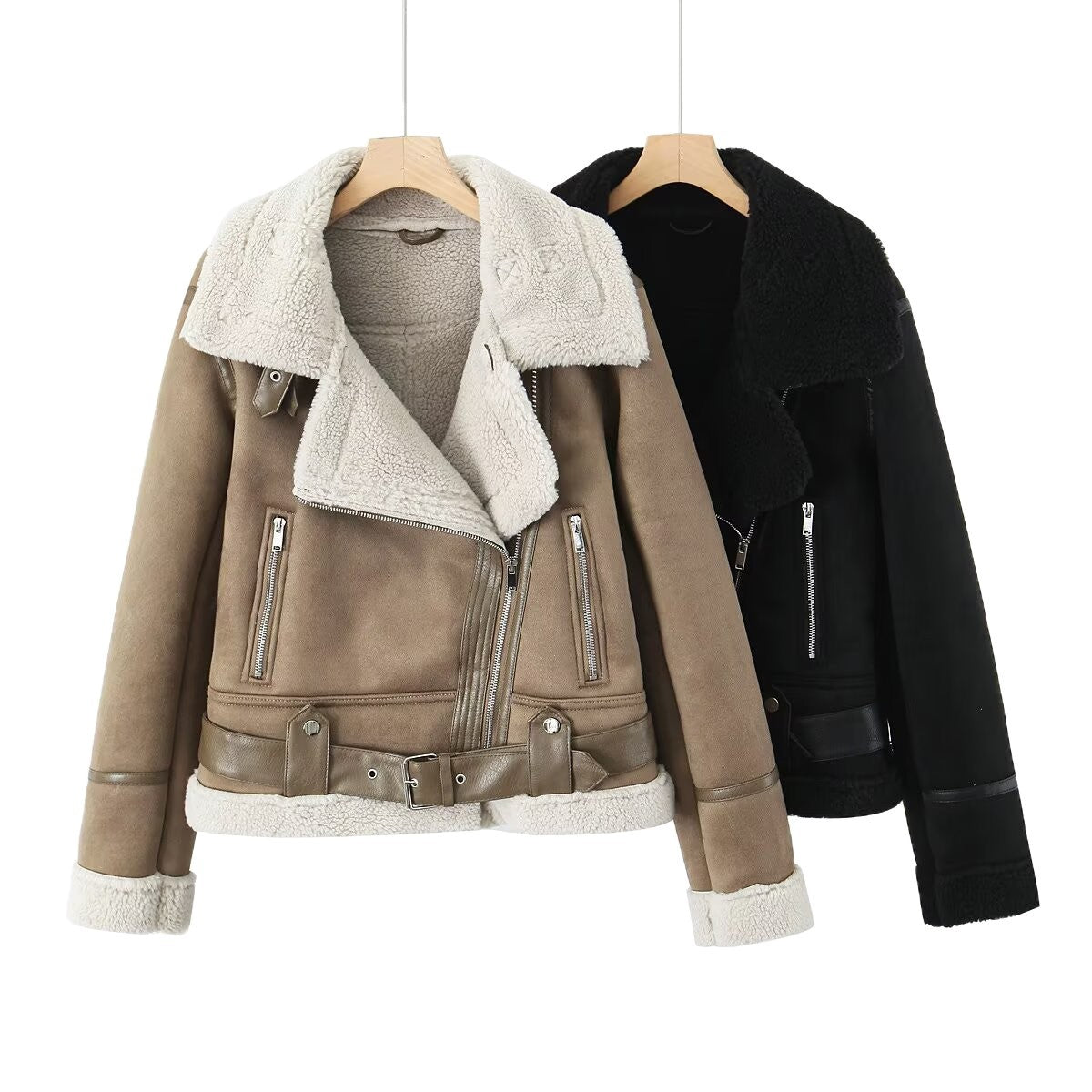 Women's Short Cut Lambskin Imitation Biker Jacket with Asymmetric Zipper, Belt and Teddy Lining Chichicherry