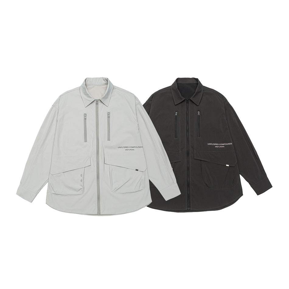 Unisex Technical Overshirt Jacket in Boxy Cut with Front Zipper and Multi-Function Pockets Chichicherry