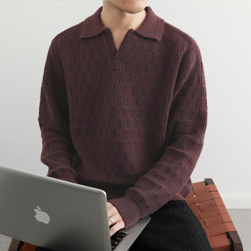 Herren Feinstrick-Polo-Pullover mit Strukturstrick und offenem V-Ausschnitt Chichicherry