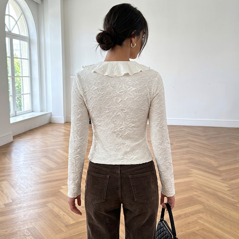 Women's ruffle blouse made of structured jersey with V-neck and tie bow Chichicherry