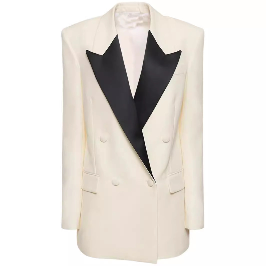 Women Double-Breasted Blazer Coat in Tuxedo Style with Contrasting Shawl Collar Chichicherry