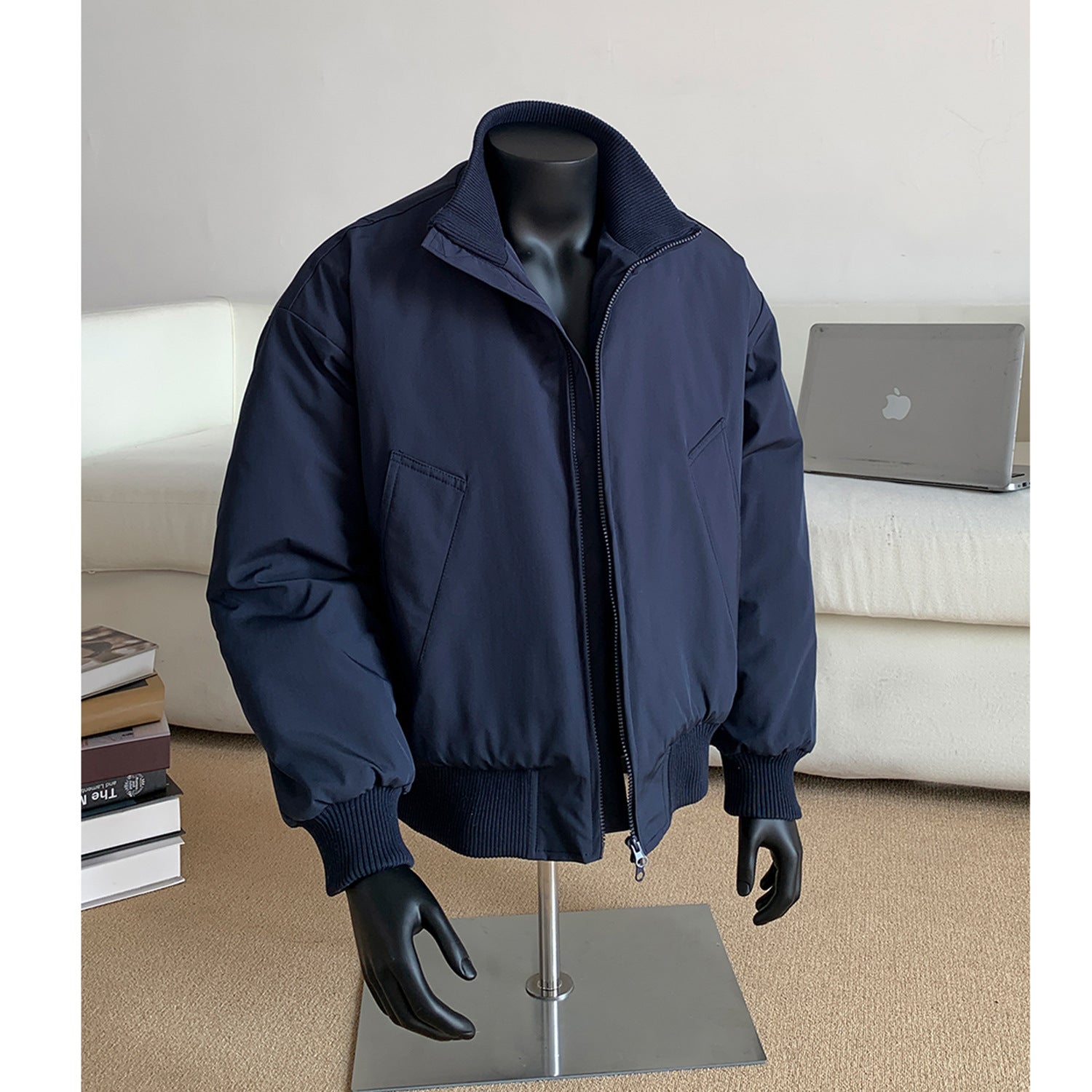 Men's Oversized Quilted Bomber with High Ribbed Collar Construction and Hidden Zipper Chichicherry