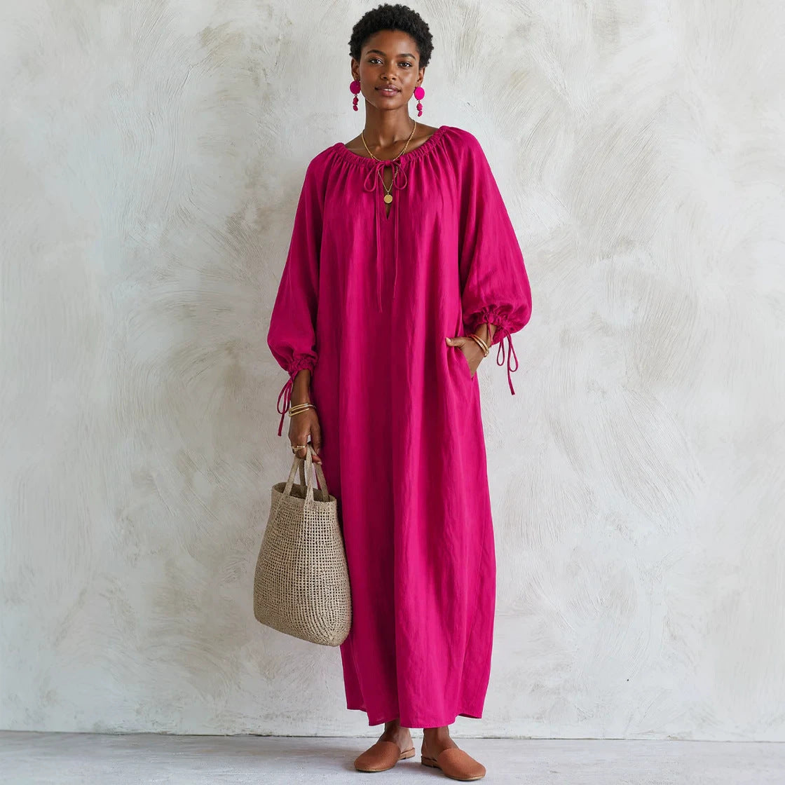 Women's maxi dress in kaftan style with gathered round neckline, balloon sleeves and side pockets Chichicherry
