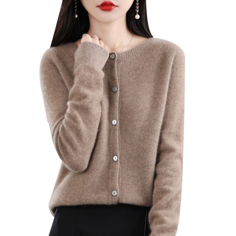 Ladies Short-Cut Cardigan in Mohair Look with Round Neckline and Pearl Buttons Chichicherry
