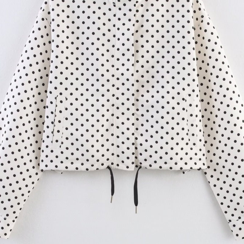 Women's Cropped Quilted Jacket with Polka Dot Print, Stand Collar and Drawstring Chichicherry