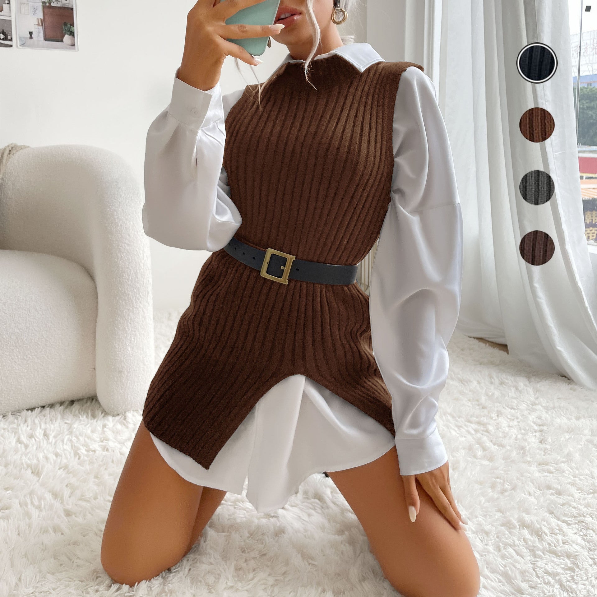 Women's ribbed long vest with side slits, tapered belt and longline cut Chichicherry