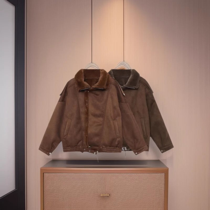 Women's Oversized Aviator Jacket with Teddy Lining, Stand Collar and Waist Belt Chichicherry