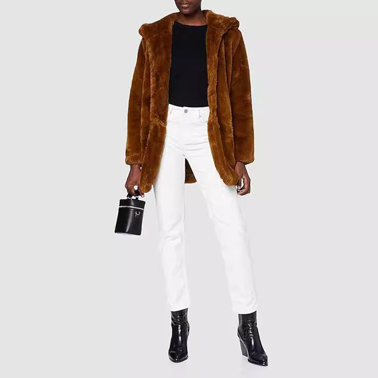 Women's Midi Length Faux Fur Coat with Hood, Teddy Finish and Concealed Button Placket Chichicherry