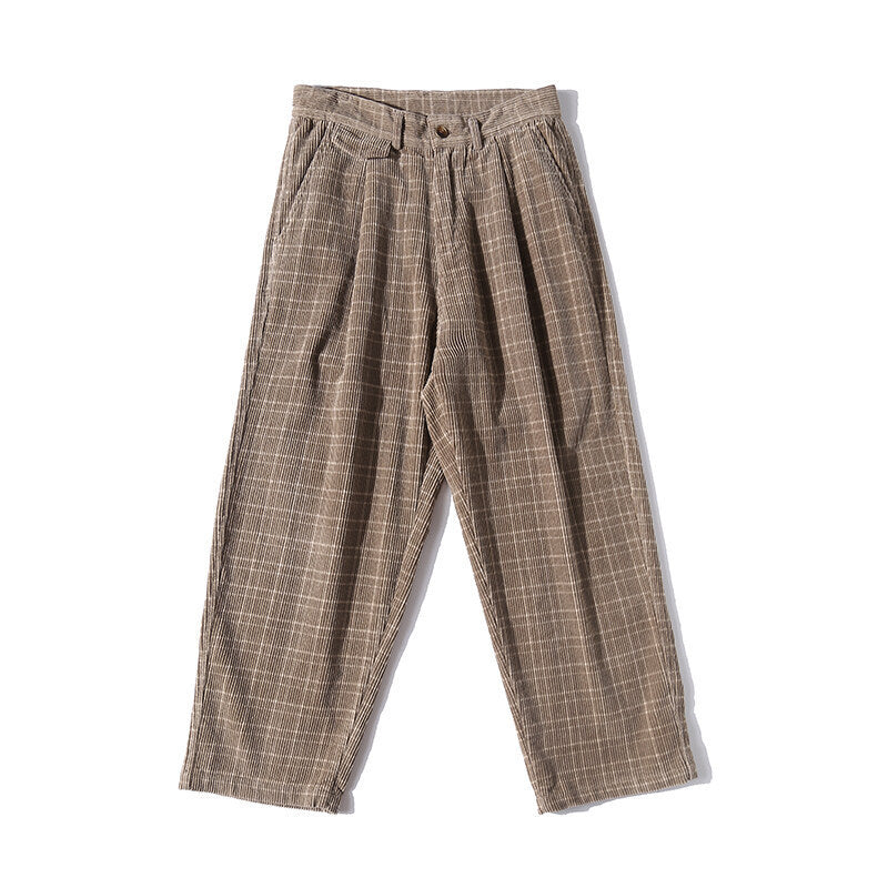 Men's Wide Cord Pants with Pleats, Cropped Cut and Check Pattern Chichicherry