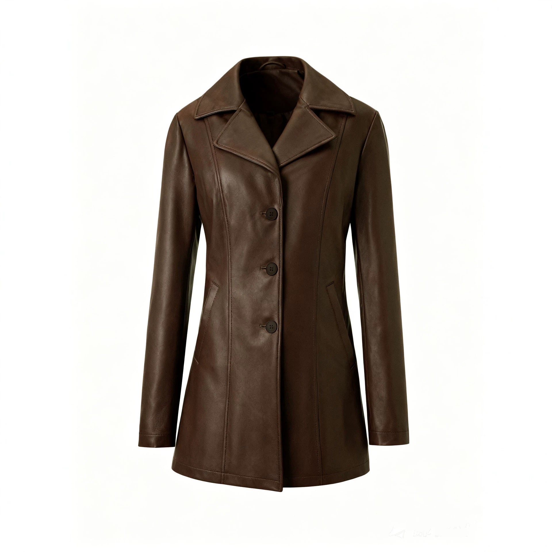 Women's tailored faux leather coat with lapel collar and decorative stitching Chichicherry