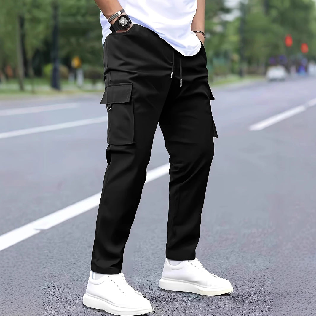 Men's Slim-Tapered Cargo Jogging Pants with Drawstring Waist, Flap Pockets and Metal Ring Detail Chichicherry