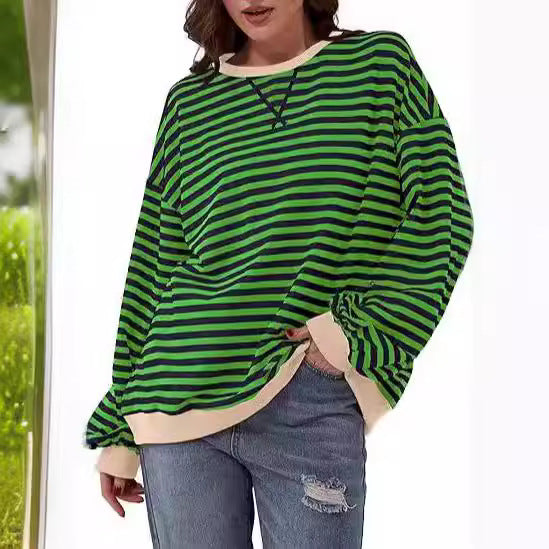 Women Striped Oversized Sweater with Contrast Cuffs Chichicherry