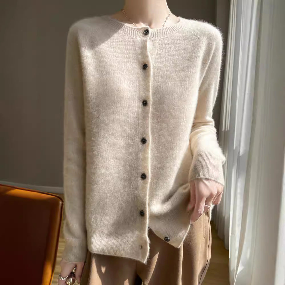 Women's Short-Cut Fine Knit Cardigan with Round Neckline and Shimmering Button Placket Chichicherry