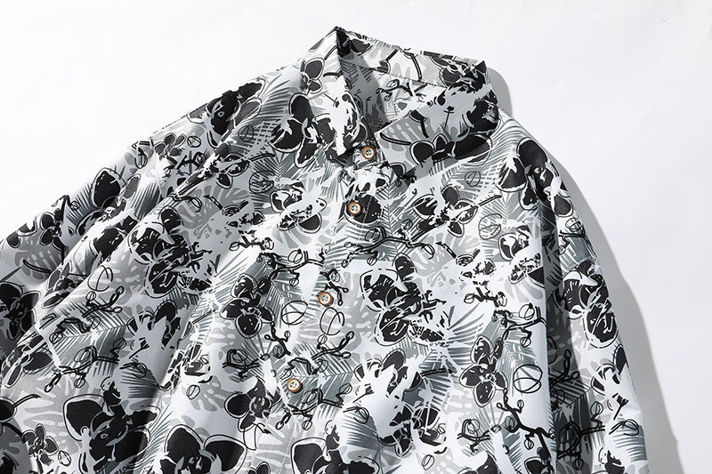 Men's Oversize Button-Up Shirt with Graphic Allover Print and Loose Relaxed Fit Chichicherry