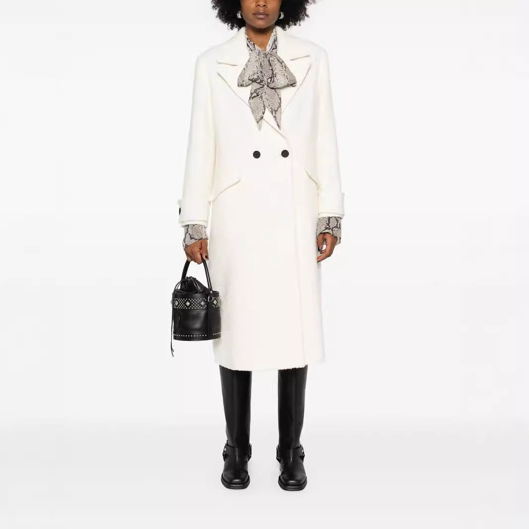Women's Straight Cut Midi Wool Coat with Oversized Lapels and Concealed Button Placket Chichicherry