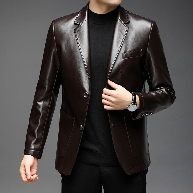 Men's Elegant Faux Leather Blazer in Tailored Fit with Lapel Collar and Flap Pockets Chichicherry