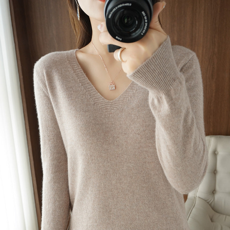 Women Soft V-Neck Cashmere Blend Sweater with Fine Ribbed Cuffs Chichicherry