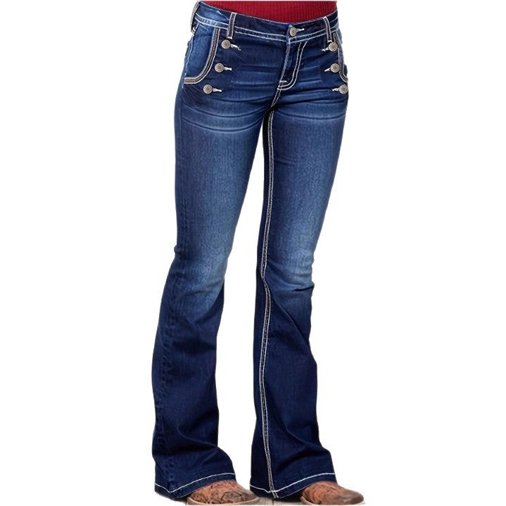 Women's High-Waisted Flared Jeans with Decorative Metal Buttons and Contrast Stitching Chichicherry