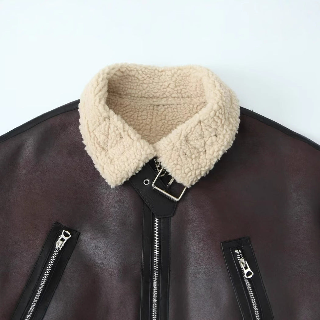 Women's Short Aviator Jacket in Leather Look with Teddy Lining, Zipper Pockets, and Waist Belt Chichicherry