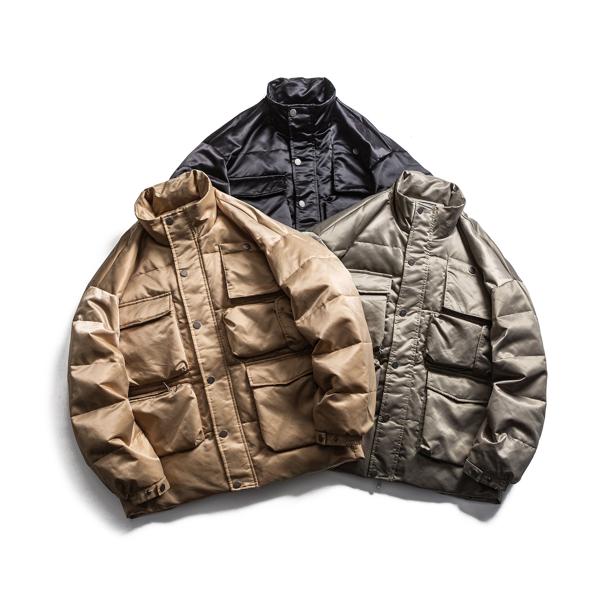Men's Boxy Insulation Jacket in Field Style with Cargo Pockets and High Standing Collar Chichicherry