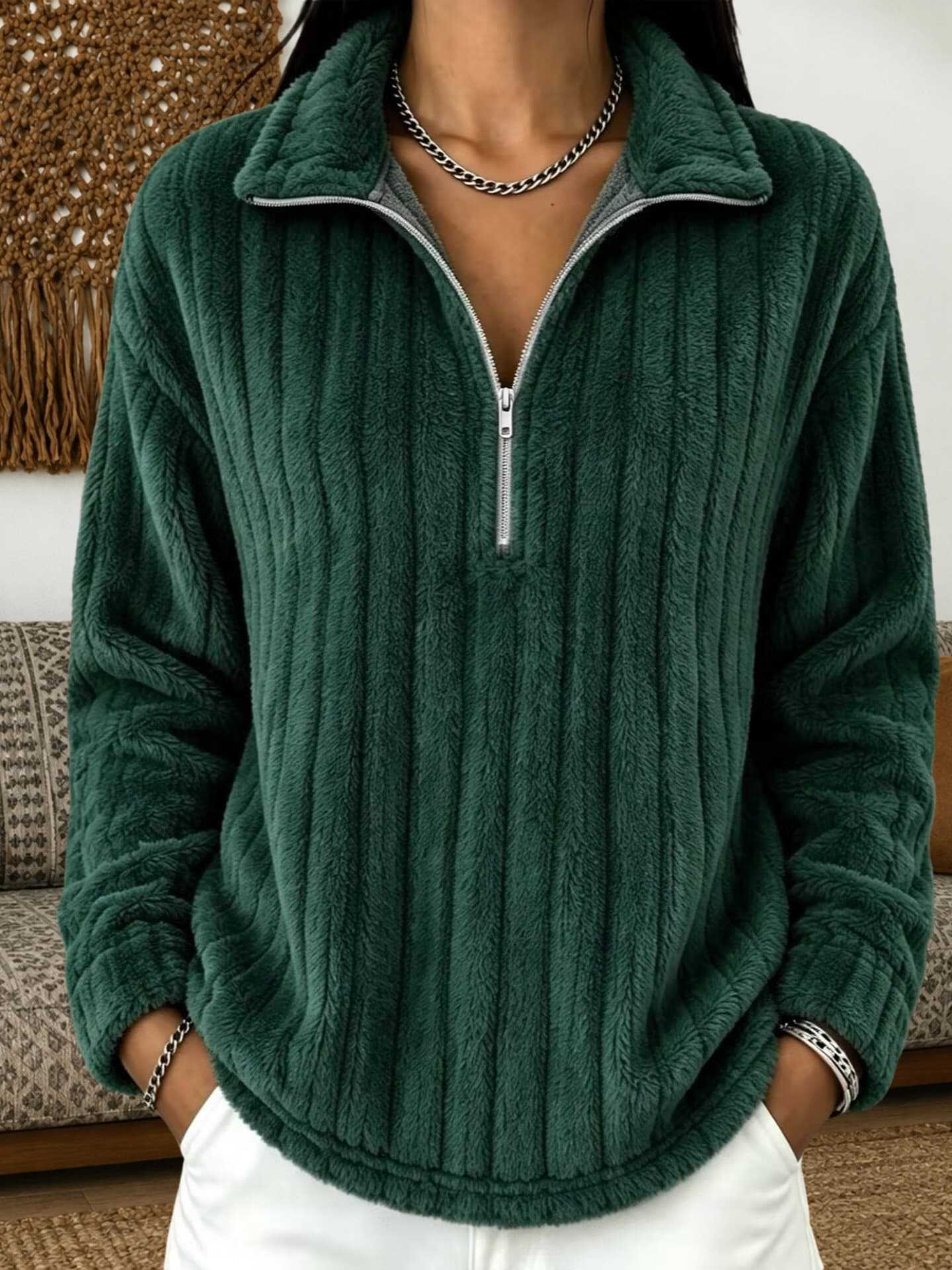 Women's Cozy Plush Half-Zip Pullover with Stand-Up Collar Chichicherry