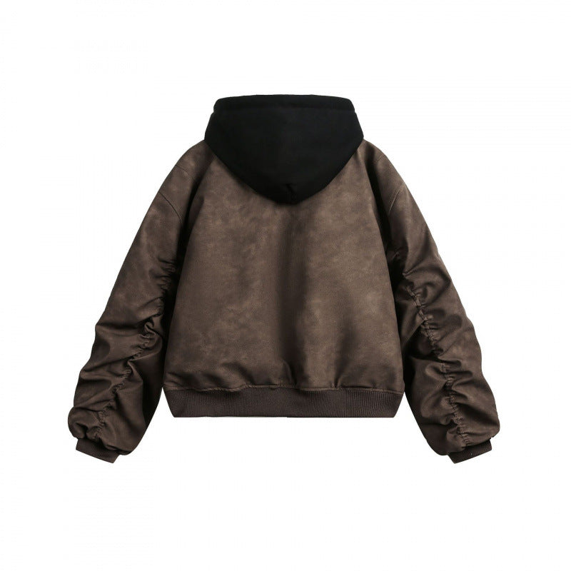 [Men] Short cut bomber jacket in vintage velvet look with integrated hood, functional arm pocket and ribbed cuffs Chichicherry