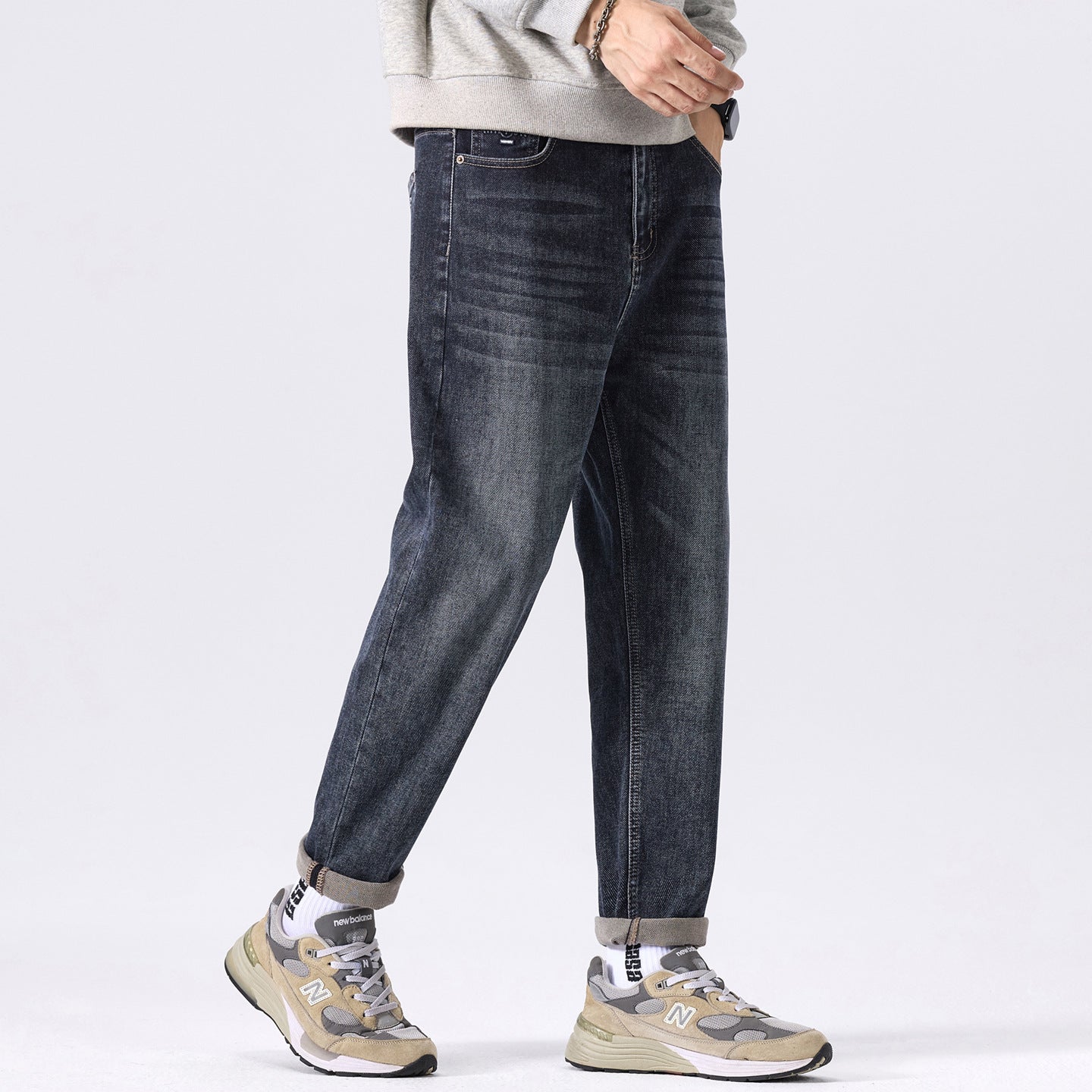 Men's tapered cut denim pants with mid-rise, relaxed fit, and subtle used look Chichicherry