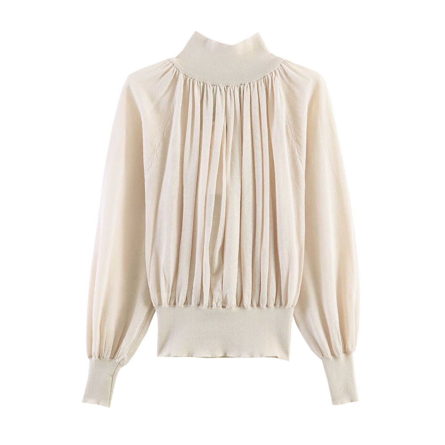 Women's Elegant Pleated Blouse with Stand Collar, Button Detail and Balloon Sleeves Chichicherry