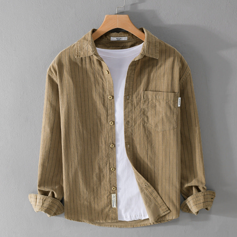 Men's vertically striped casual shirt in linen look with applied chest pocket Chichicherry