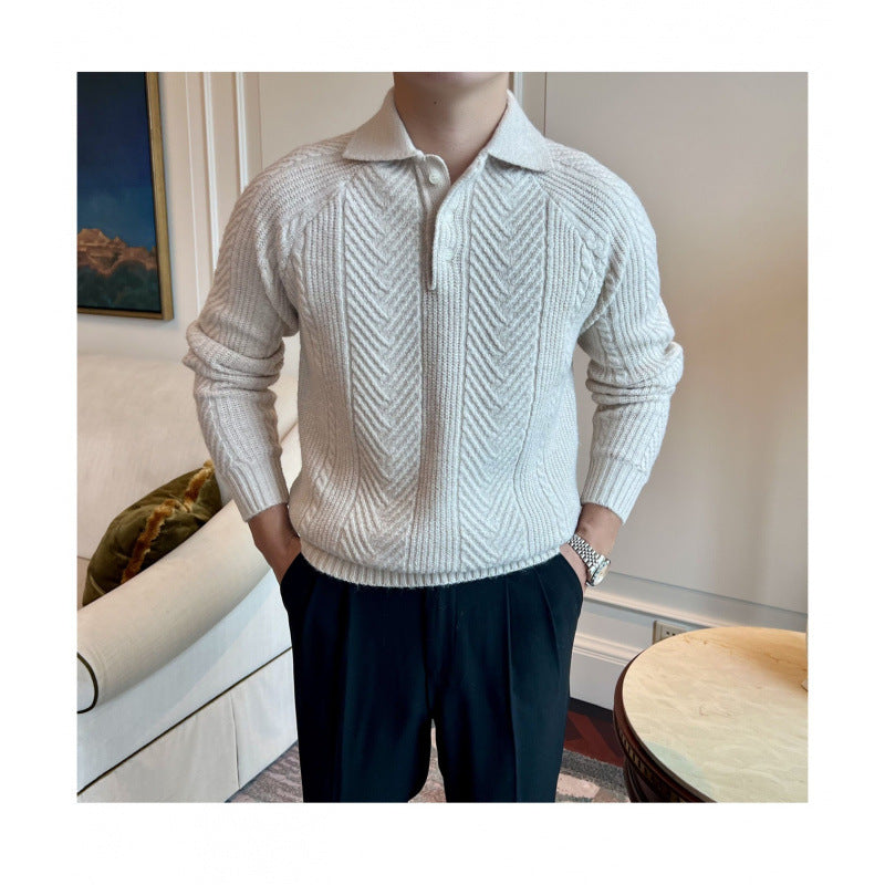 Herren Polokragen-Zopfstrick-Pullover mit halber Knopfleiste Chichicherry