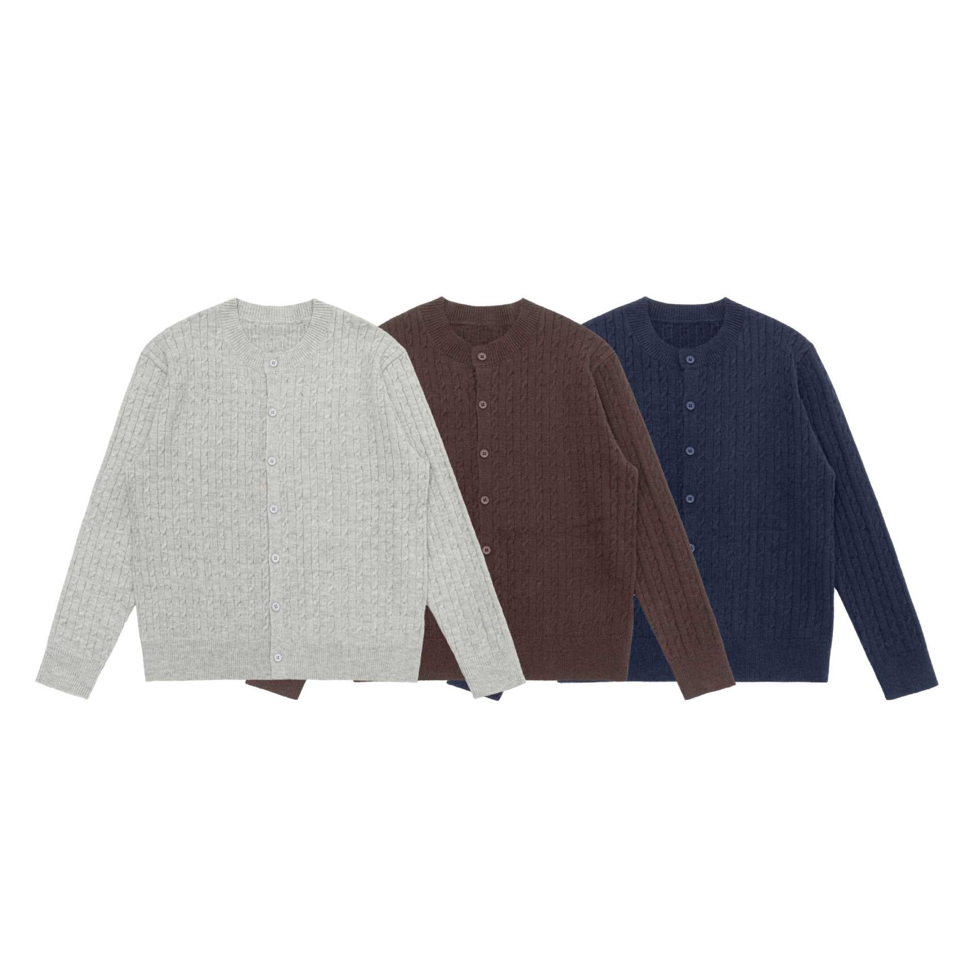 Unisex Fine Cable Knit Cardigan with Round Neck and Button Placket Chichicherry