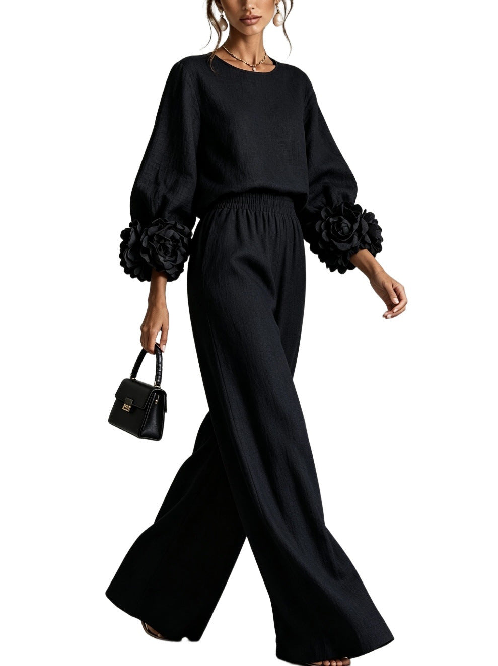 Ladies Two-Piece Ensemble with Balloon Sleeves and Floral Cuffs Chichicherry