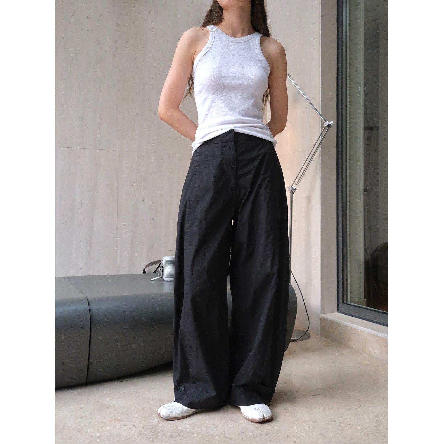 Women's Wide High-Waist Palazzo Pants made of light cotton blend with adjustable hem detail Chichicherry