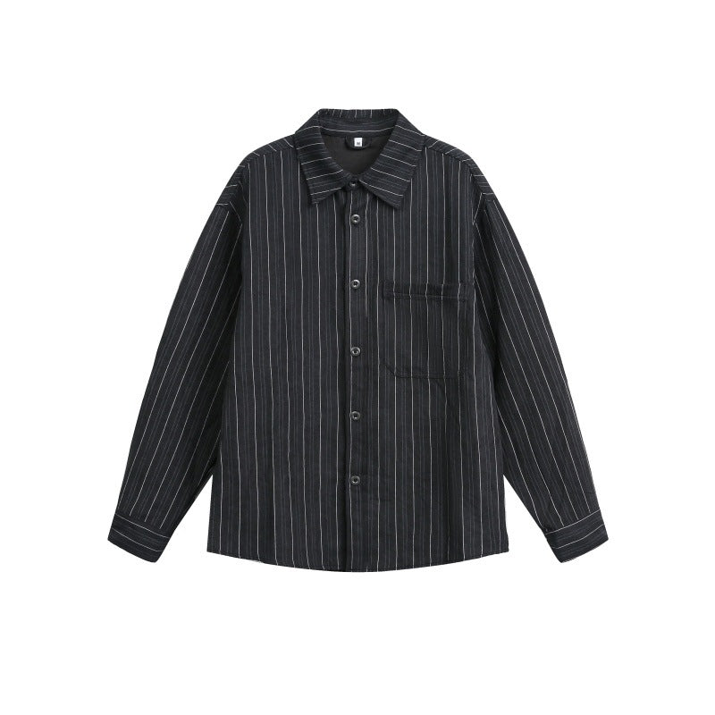 Men's Loose Shirt Jacket with Vertical Pinstripes and Applied Chest Pocket Chichicherry