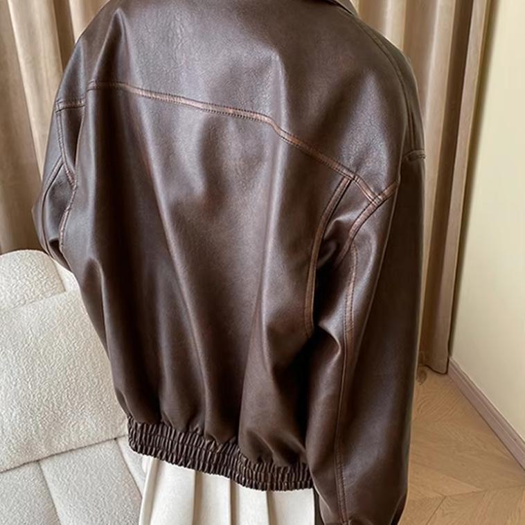 Women's Oversized Faux Leather Blouson with Shirt Collar, Flap Pockets and Concealed Zipper Placket Chichicherry
