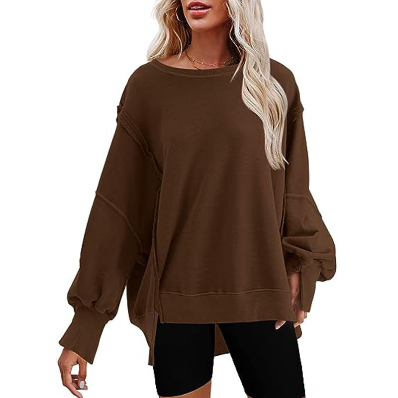Damen Oversized Sweatshirt mit Ballonärmeln, seitlichen Schlitzen und offenen Kanten Chichicherry
