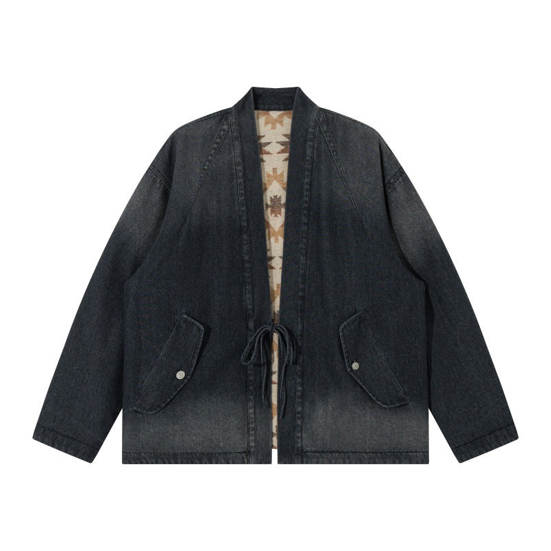 Unisex Jeans Kimono Jacket with Tie Belt and Patterned Lining Chichicherry