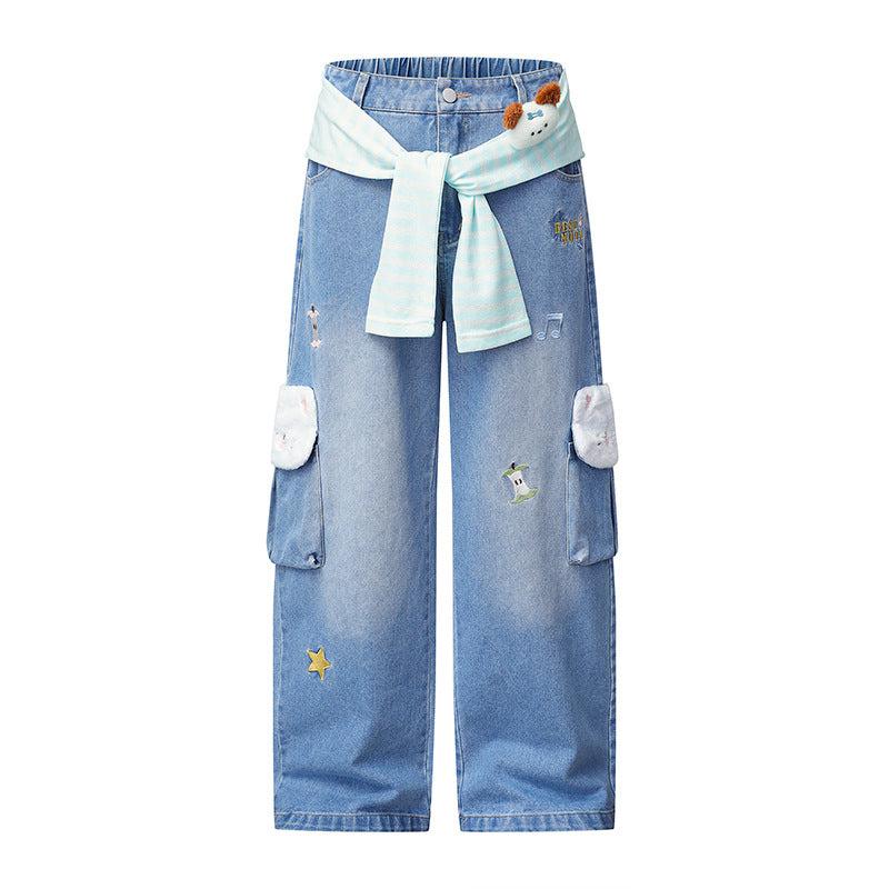 Women Wide Cargo Jeans with Plush Pockets, Embroidery and Elastic Waist Chichicherry