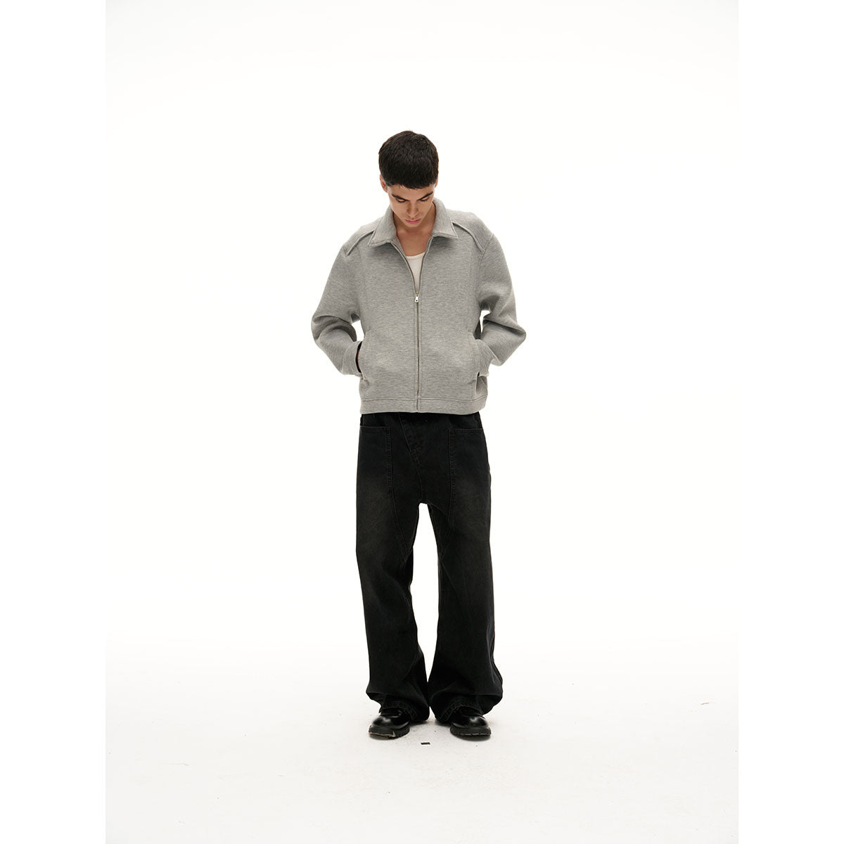 Women Lightweight Boxy Sweat Jacket with Shirt Collar, Full Zip and Concealed Side Pockets Chichicherry