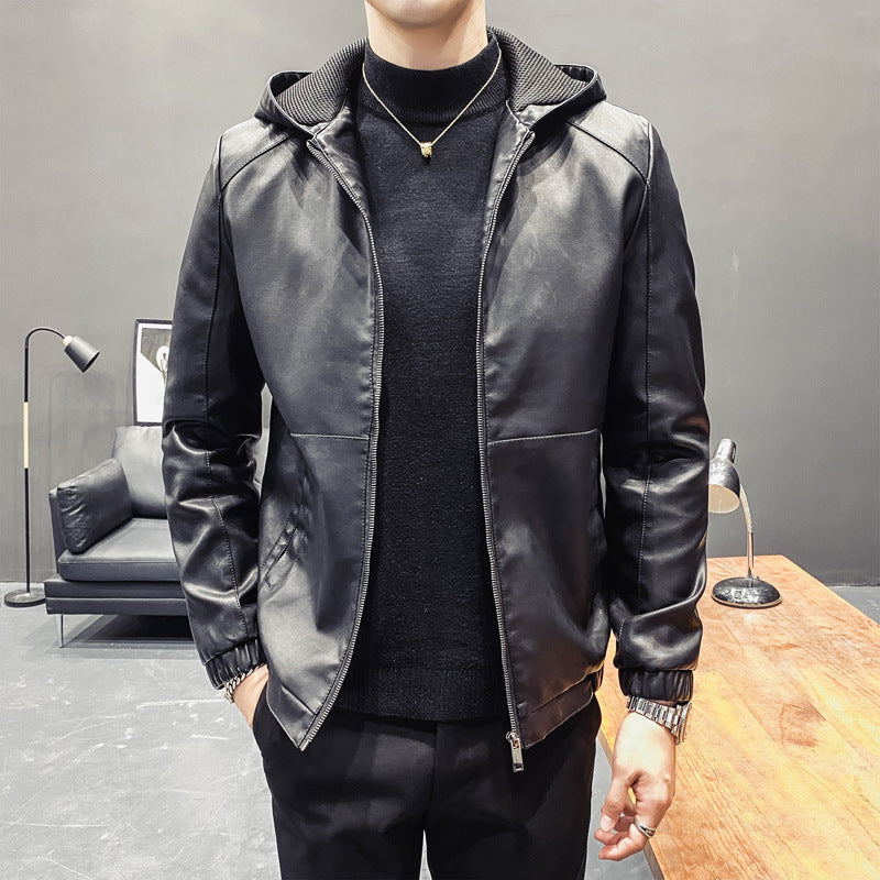Men's Leatherette Hooded Blouson with Mesh Inner Hood, Slim Silhouette and Full Zipper Chichicherry