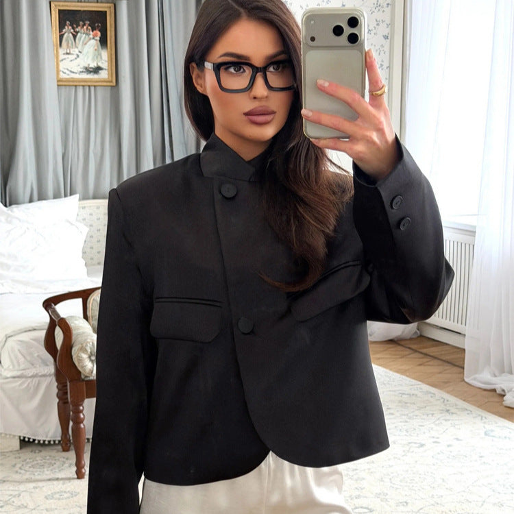 Ladies Satin Cropped Blazer with Mandarin Collar, Flap Pockets and Curved Hem Chichicherry