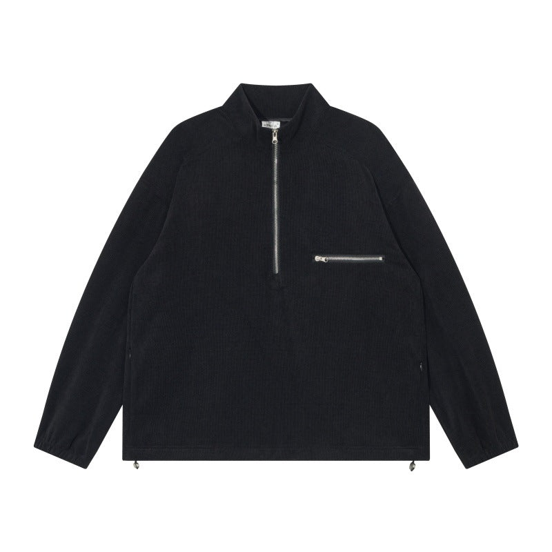 Unisex Oversize Half-zip Pullover made of cord mix with chest zip pocket and drawstring hem Chichicherry