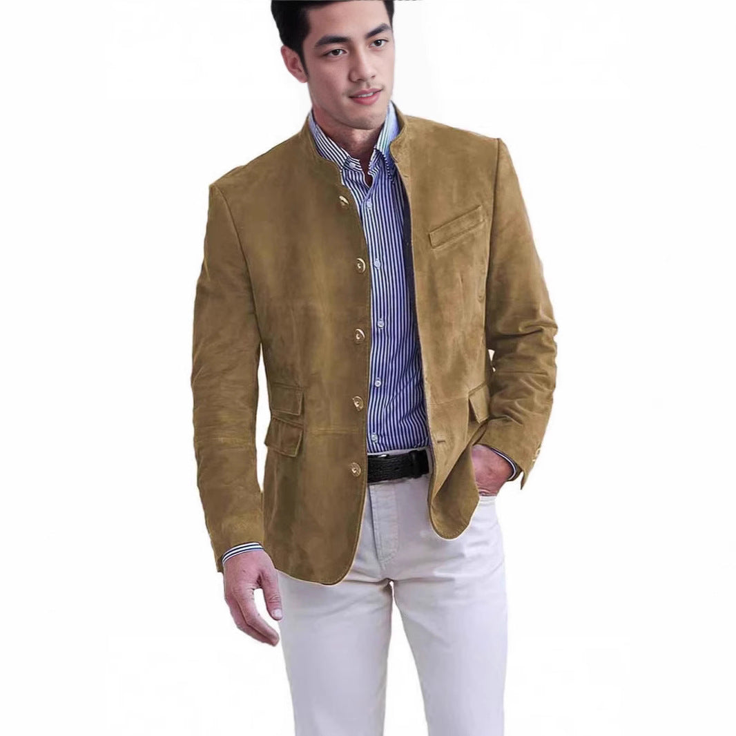Men's Suede Blazer with Stand-up Collar and Flap Pockets Chichicherry